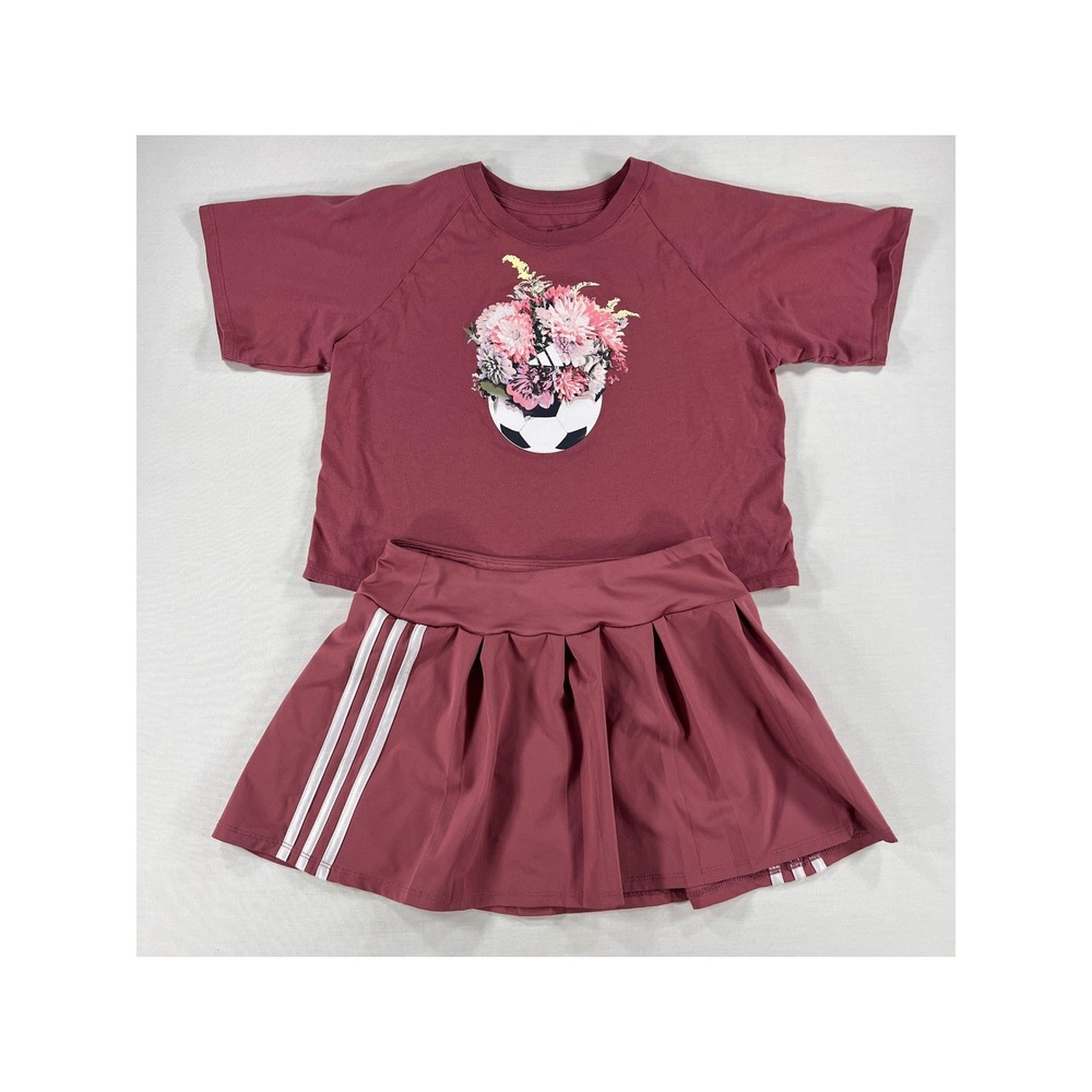 Adidas Girls Floral Soccer Ball T-Shirt and Pleated 3-Stripe Skirt Set Burgundy